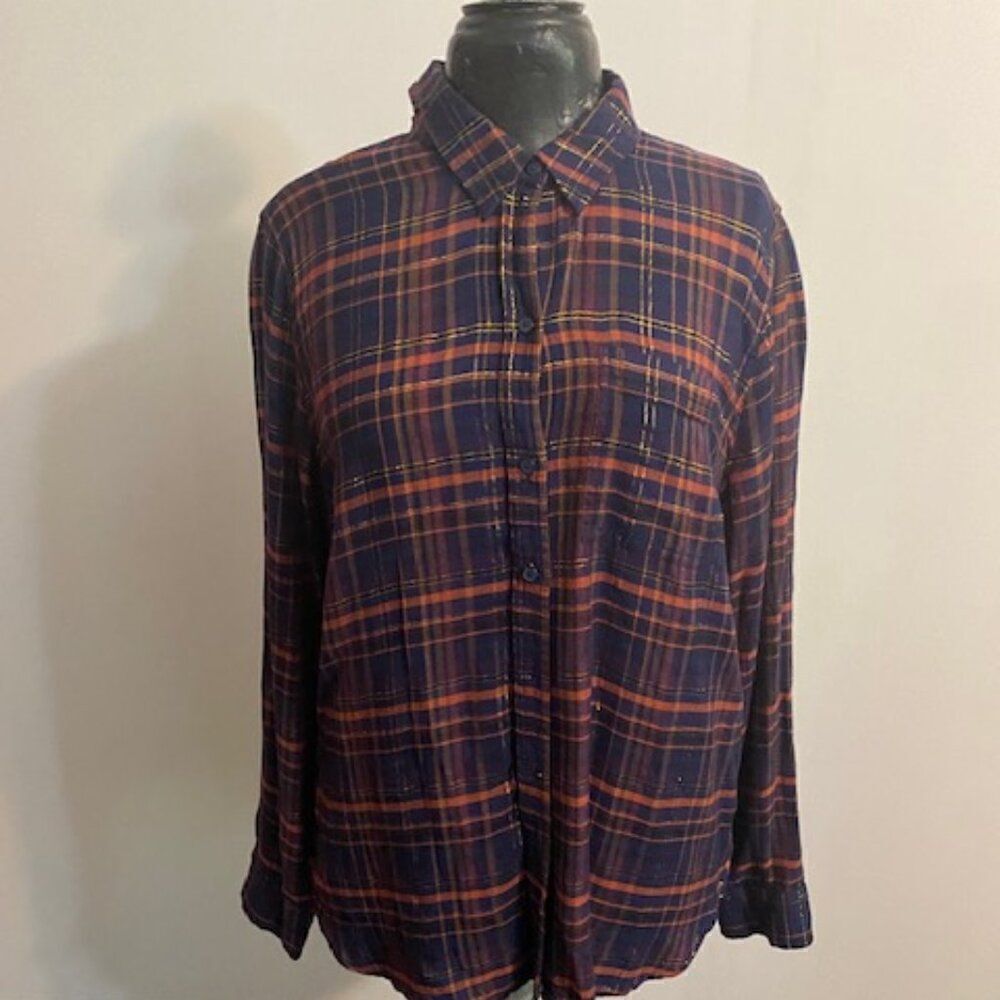 Lucky Brand Plaid Navy Blue/Orange Metallic button-down top, size L